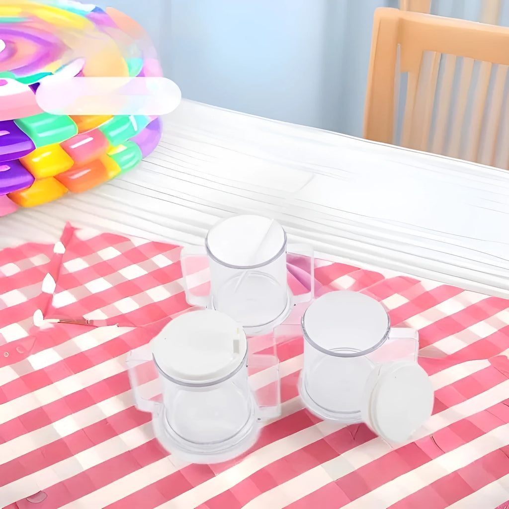 Transparent plastic drinking cup with spill-proof lid showing 301-400ml capacity