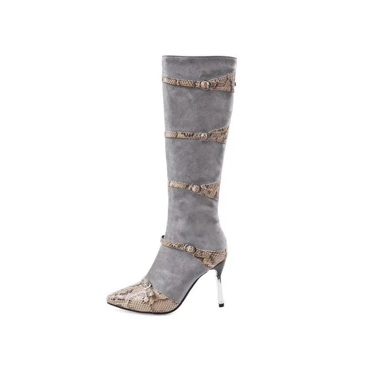 Women's grey knee-high boots with thin high heels on a wooden floor