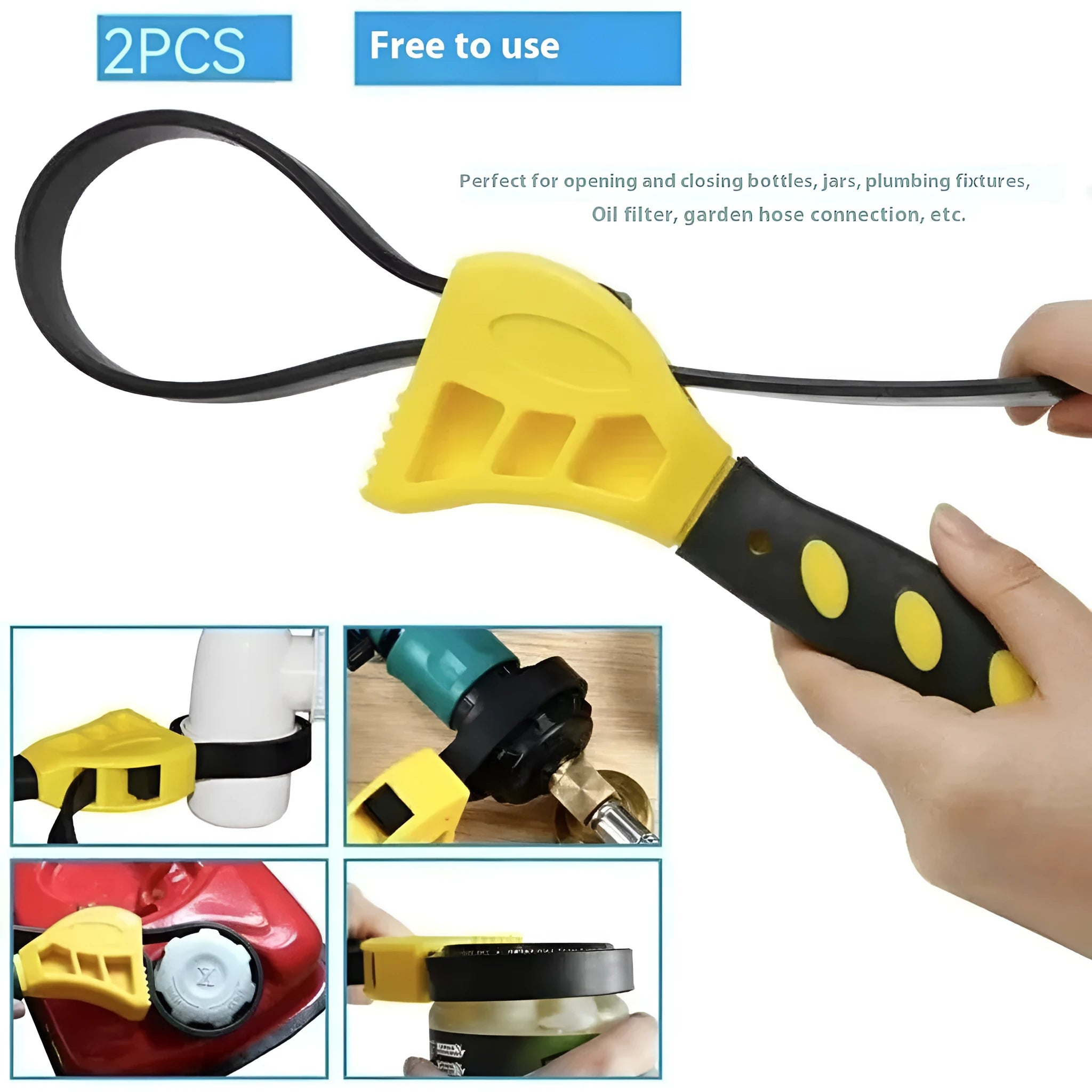 Adjustable rubber strap wrench set with 6-inch and 8-inch sizes on a workbench