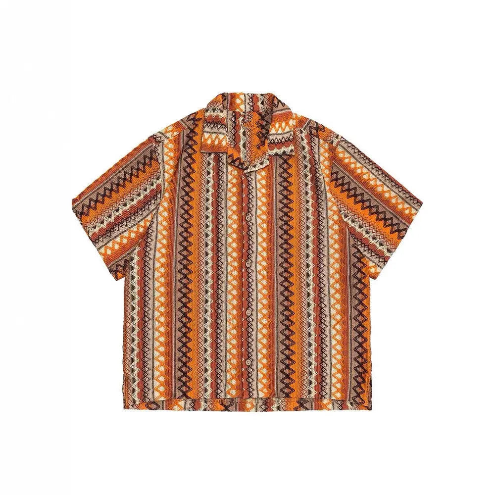 Ethnic style woven Cuban collar shirt in contrast colours with short sleeves and loose fit.