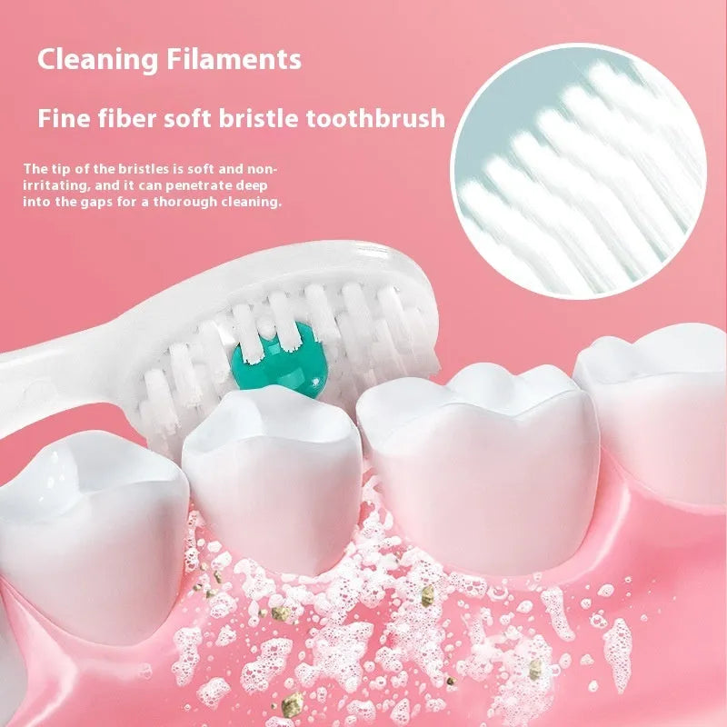 Box of disposable bead toothbrushes showing mint, peach, and plum green tea flavour options for travel.