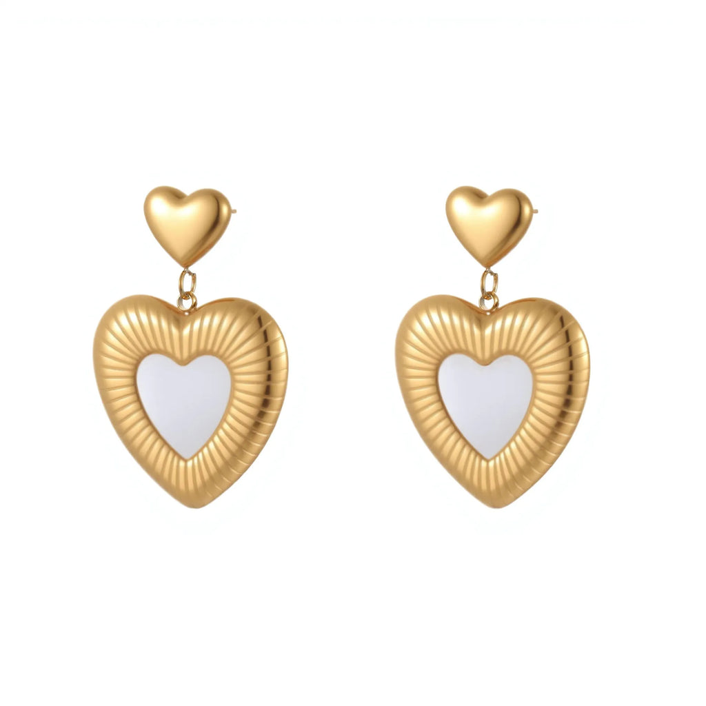Heart shaped stainless steel earrings with white fritillary pattern and 18K gold electroplated finish