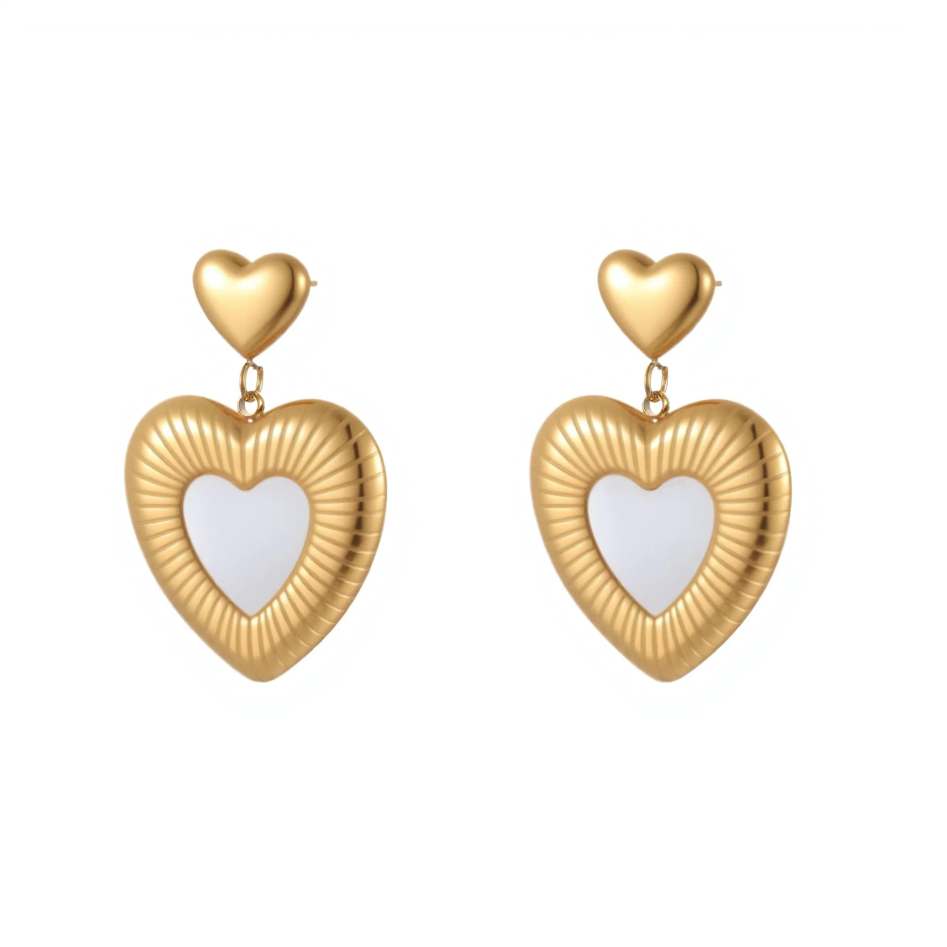 Heart shaped stainless steel earrings with white fritillary pattern and 18K gold electroplated finish