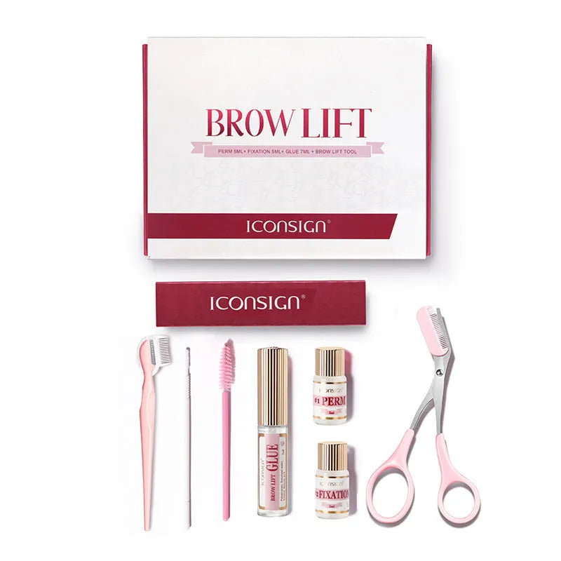 Pink eyebrow quick ironing kit with perm solution and application tools for at-home eyebrow styling