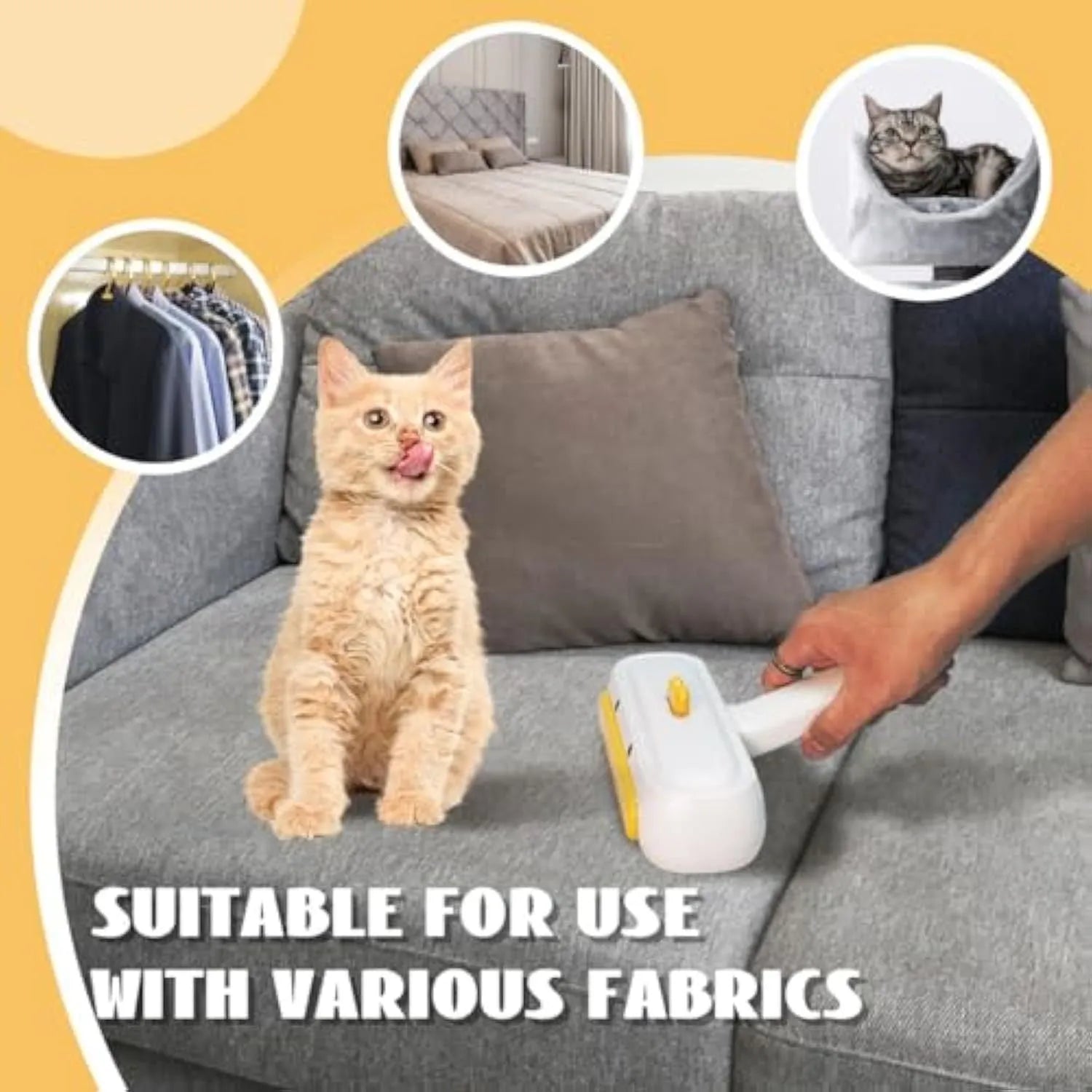 Yellow duck design portable manual pet hair remover tool on a fabric surface.