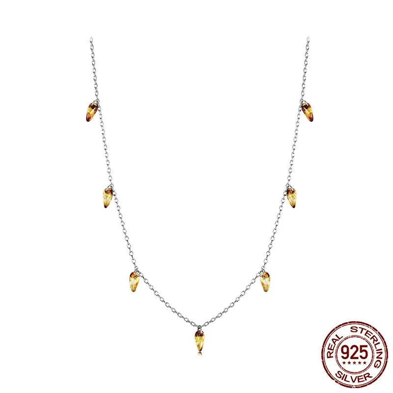 Retro style S925 sterling silver necklace with amber tassel pendant and O-shaped chain, colour BSN432