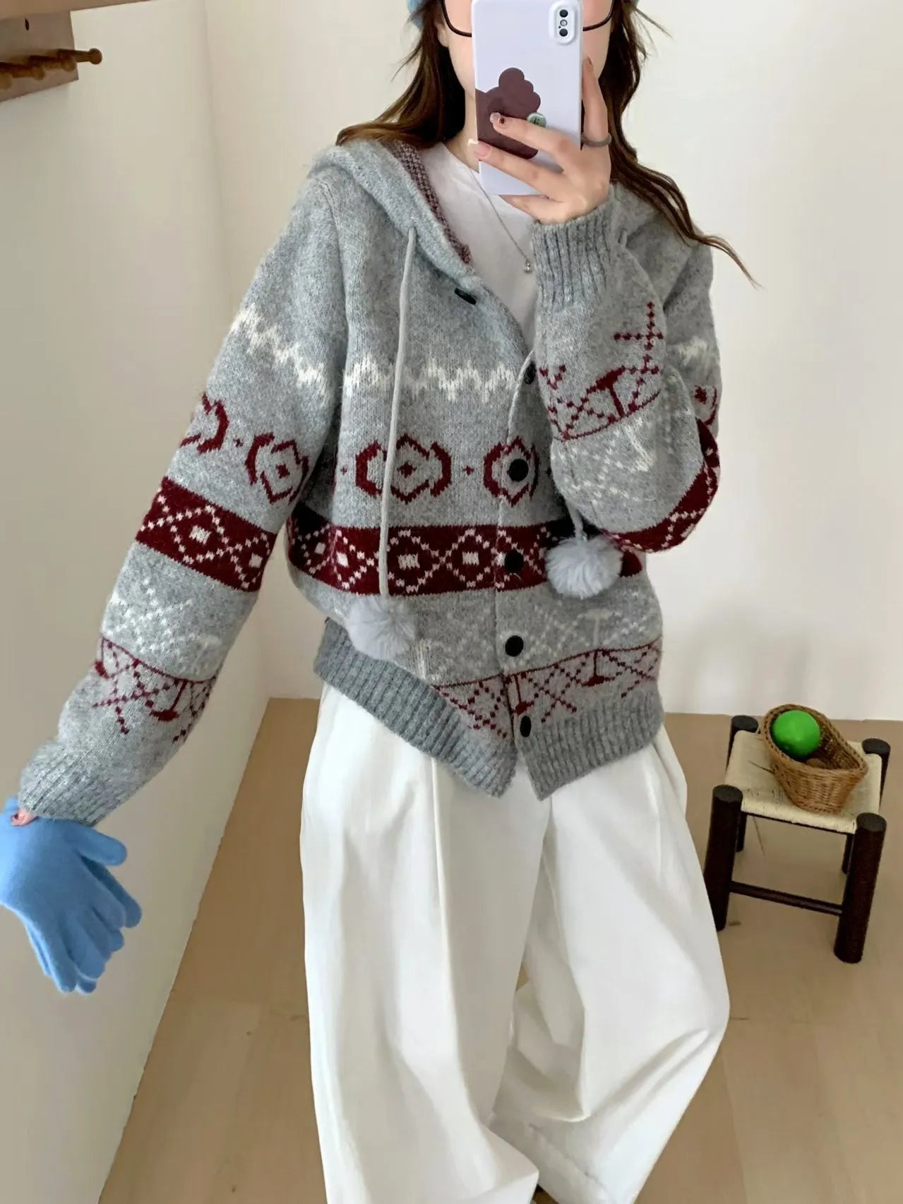 Plus size women's loose fit brocade sweater coat with geometric pattern in beige colour