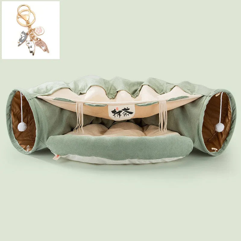 Collapsible cloth cat tunnel toy shown in one of four colours: Bar, Coffee, Matcha, or Pink.