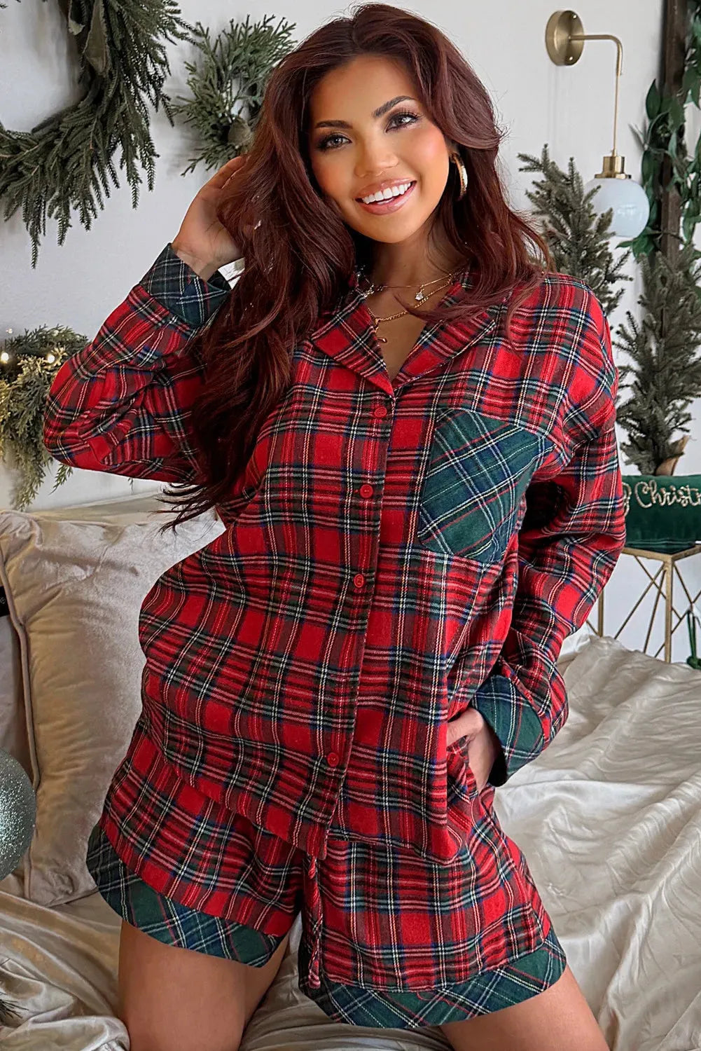 Red plaid Christmas pajama set with long sleeve shirt and shorts