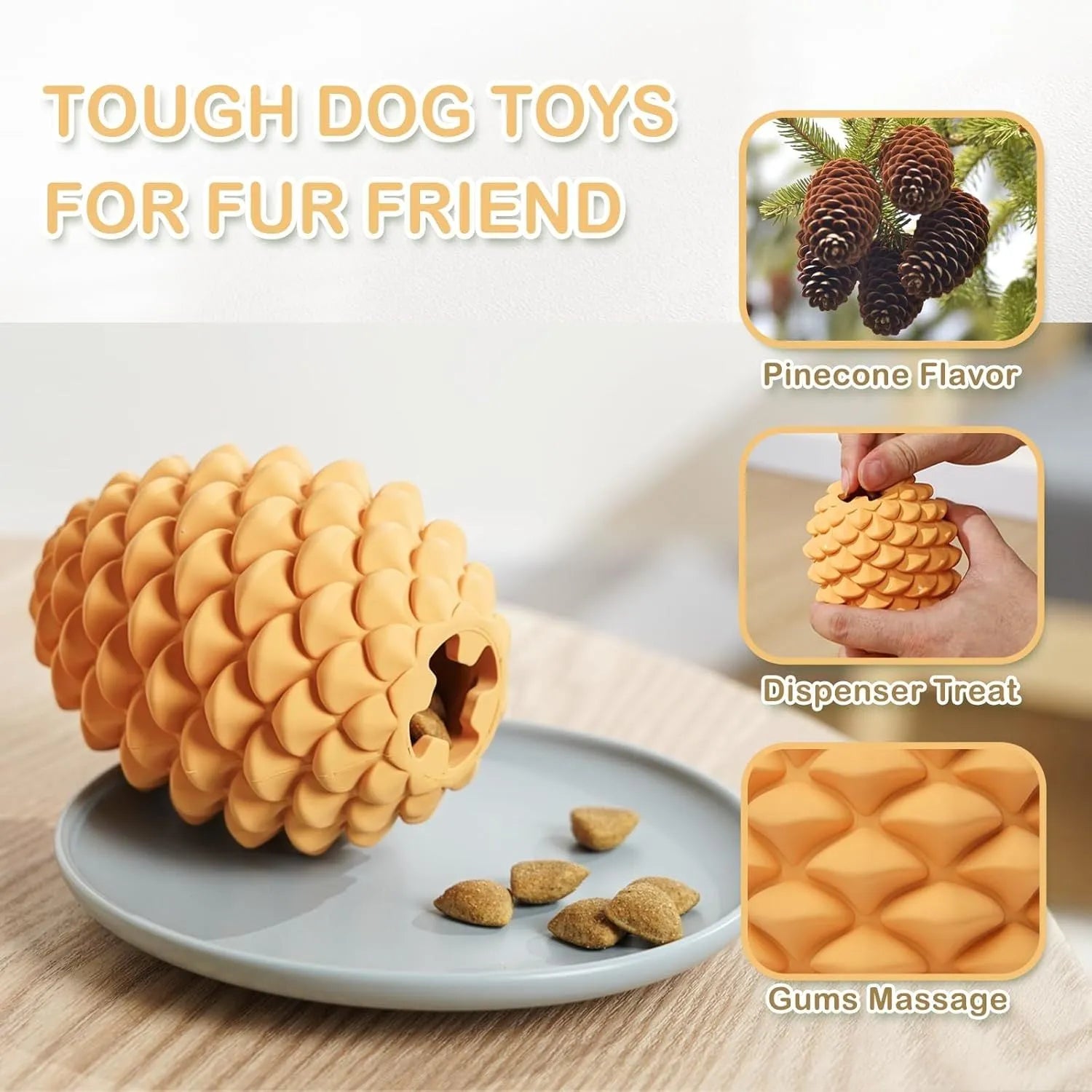 Natural rubber pine cone shaped dog toy with treat dispenser for medium and large aggressive chewers