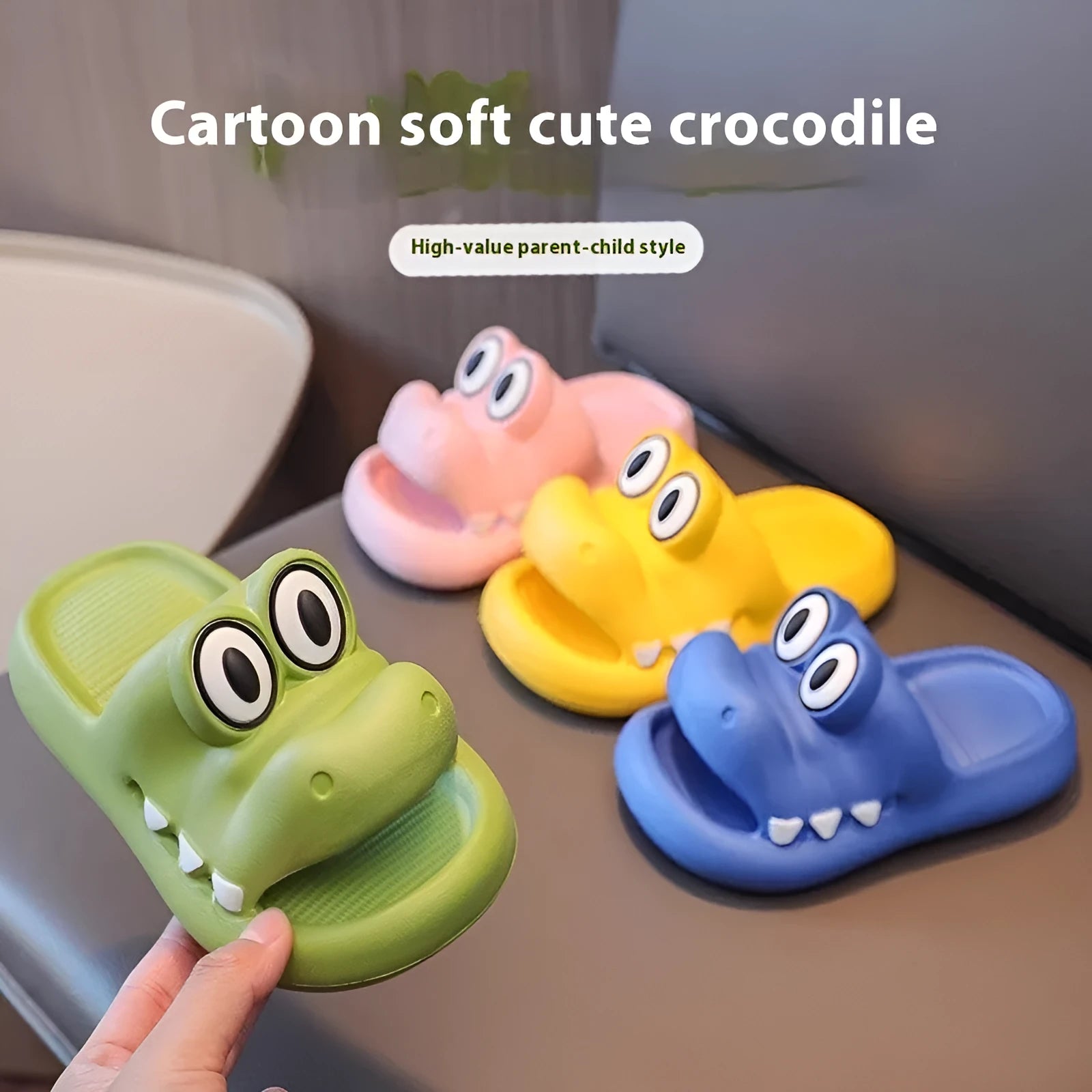 EVA platform parent child sandals with animal patterns in pink, green, yellow, and blue colours