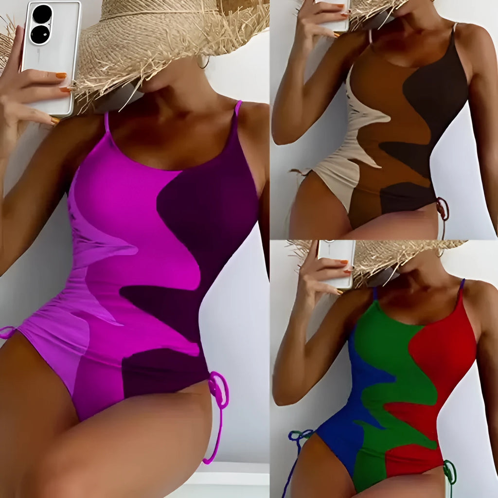 Women's sleeveless one-piece swimsuit in blue, purple, brown or green with fixed swimming trunks