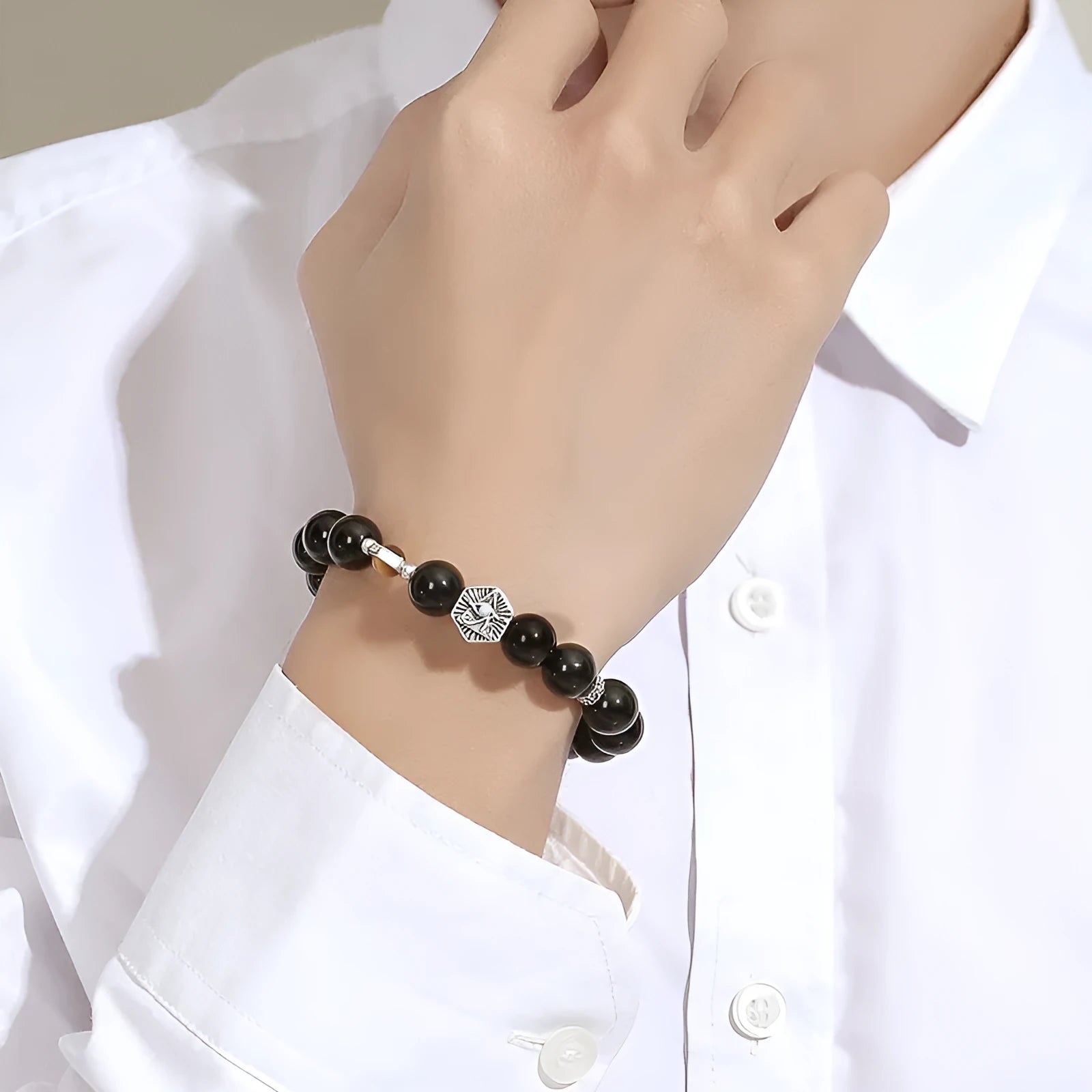 Men's geometric God's Eye obsidian bracelet in S925 sterling silver with retro styling