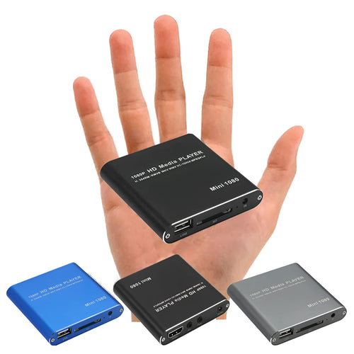 Compact black or blue 1080P Full HD media player with HDMI port for SD cards and USB drives