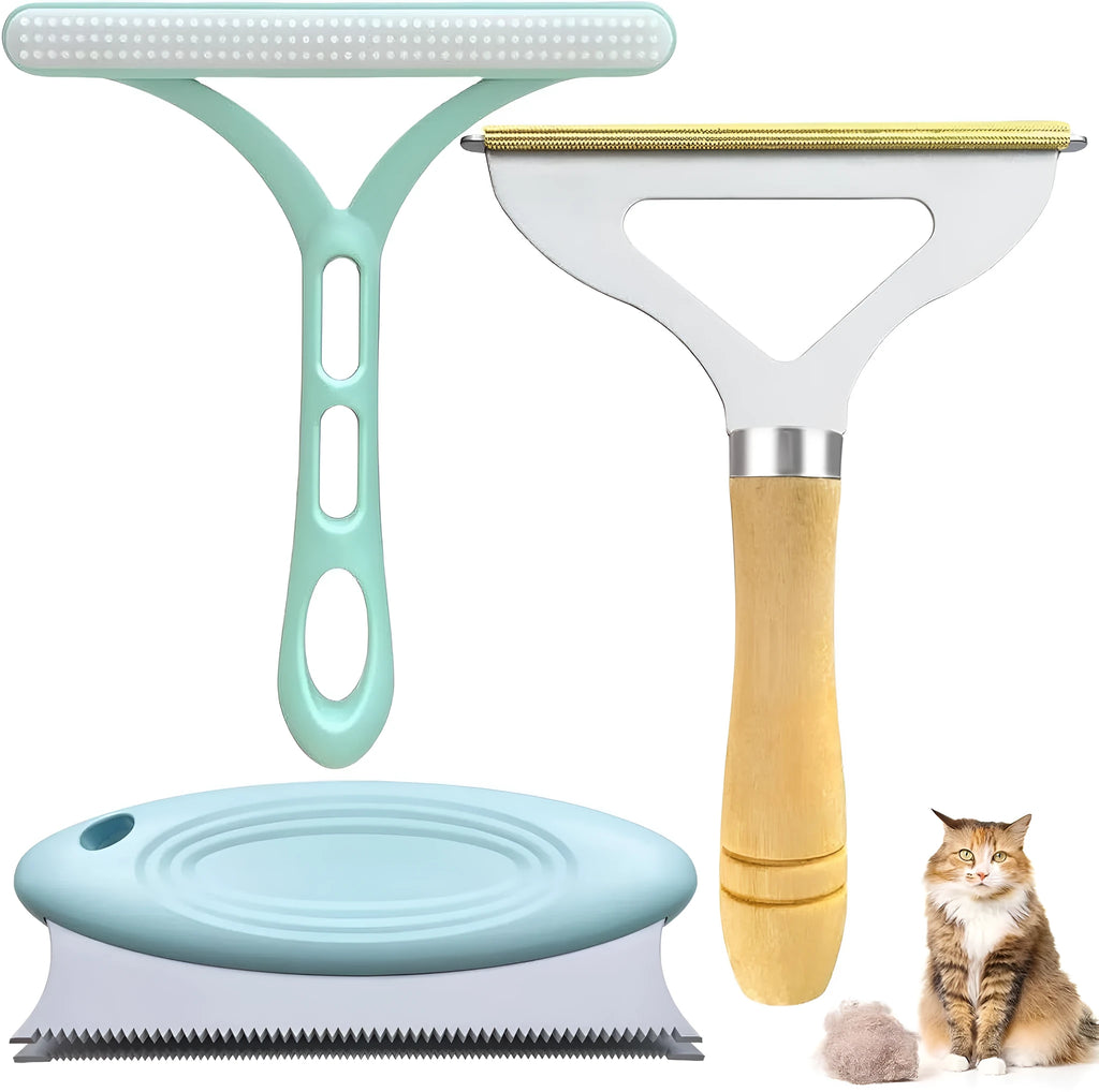 Three-piece pet hair remover set showing metal scraper, silicone brush, and round cleaner for household surfaces