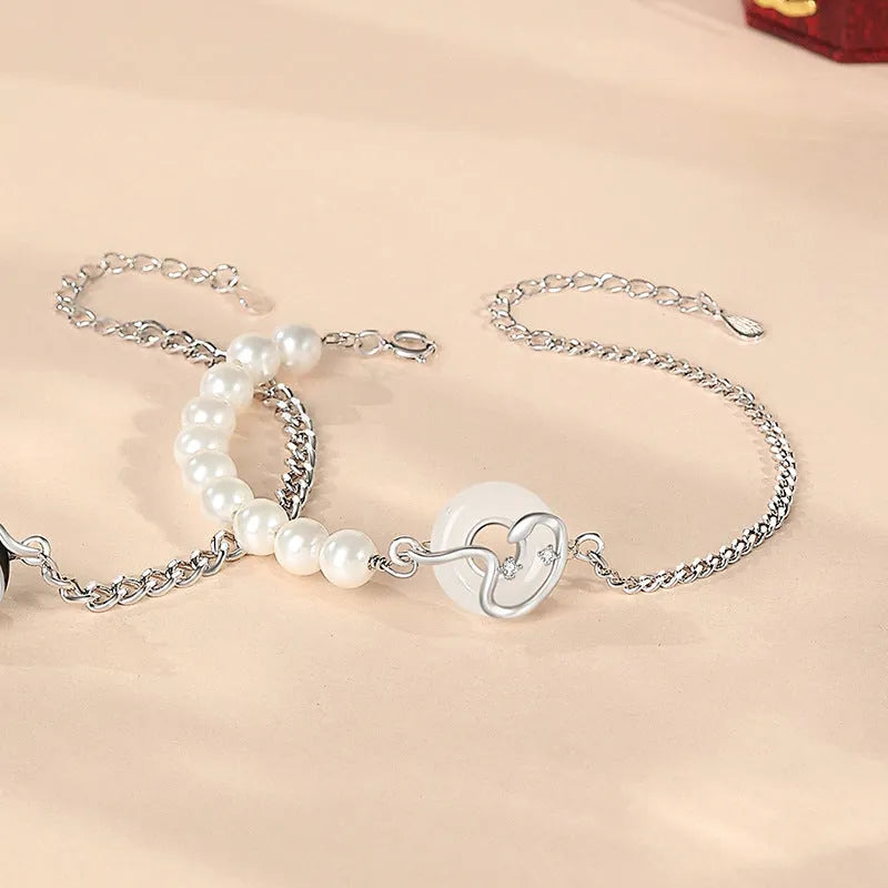 925 sterling silver New Chinese style couple bracelet with zodiac snake design and secure buckle clasp