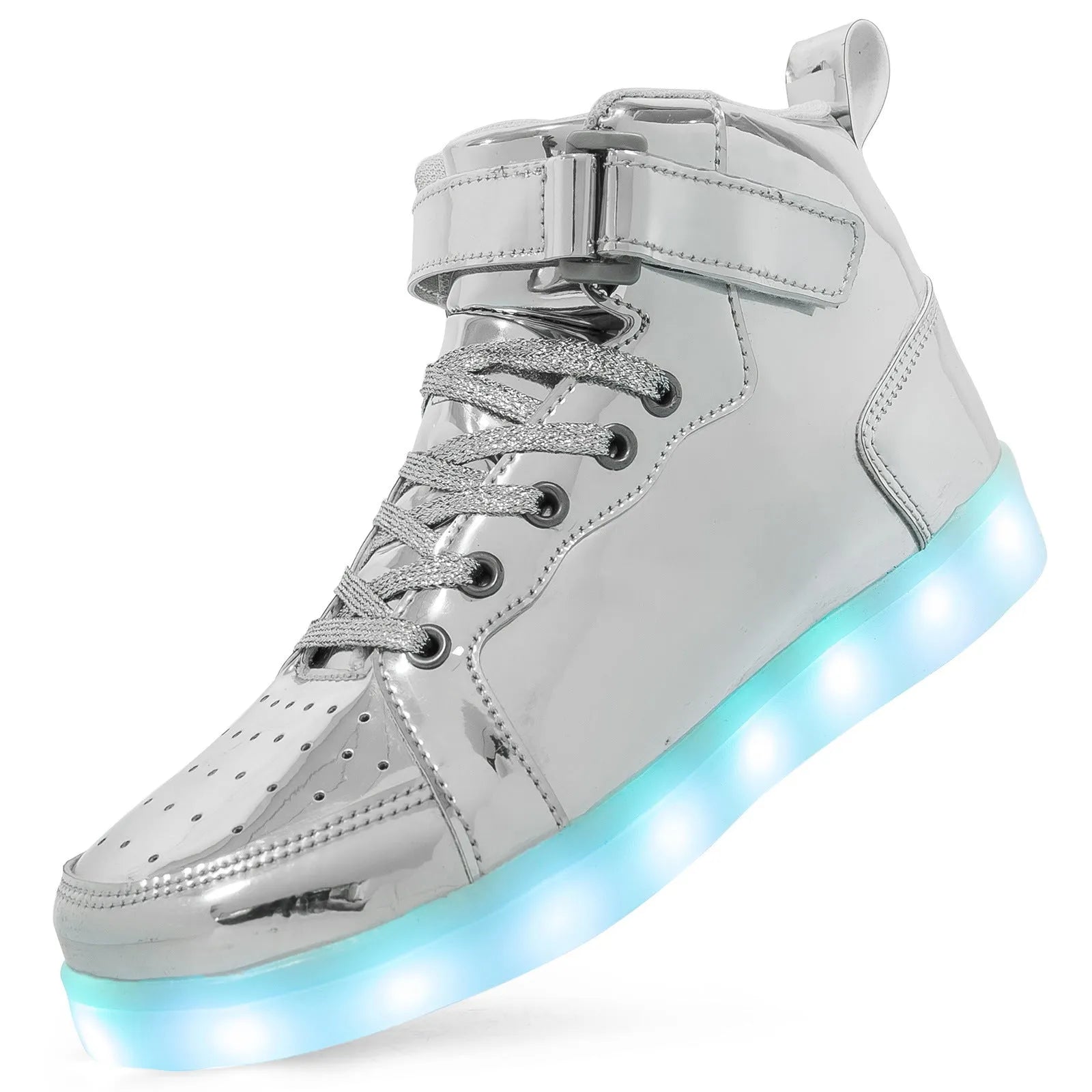 Pair of black high-top shoes with velcro strap and glowing LED lights on the soles.