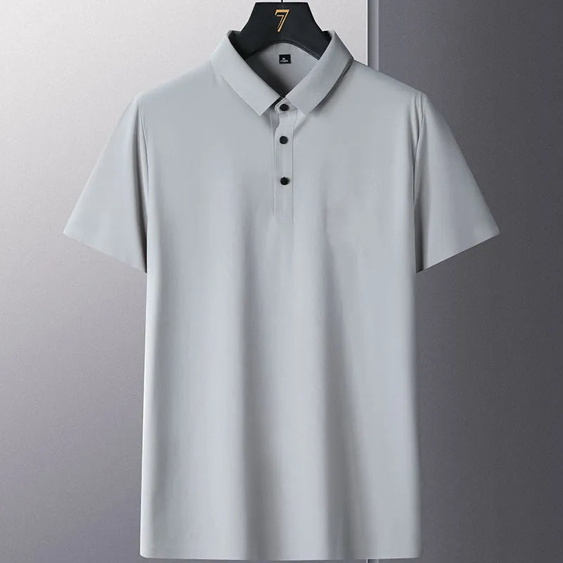 Men's non-ironing short sleeve business casual shirt in a solid colour, showing the nylon fabric and fit.