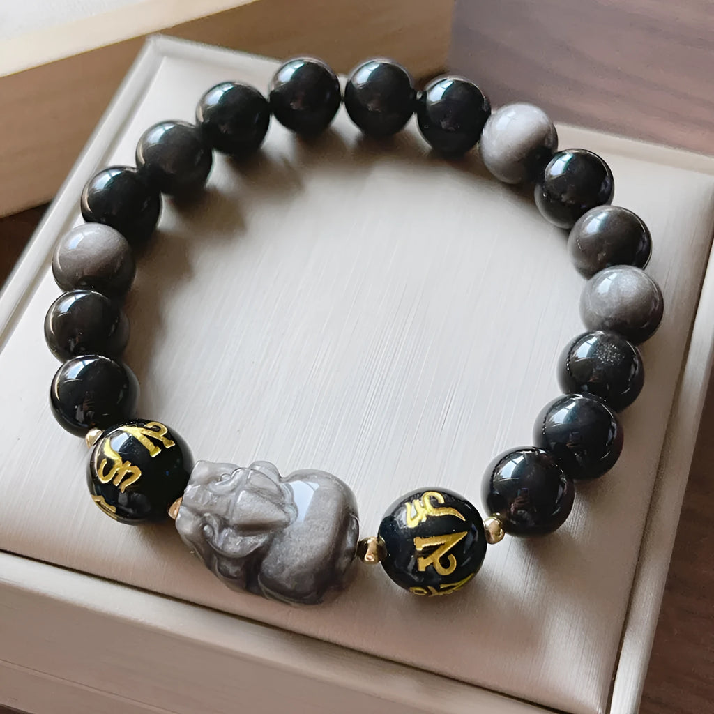 Men's silver stone bracelet with Chinese beaded design featuring zodiac symbols