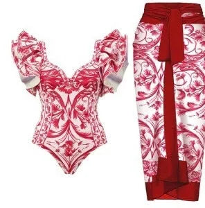 Women's printed polyester one-piece swimsuit in floral or geometric patterns