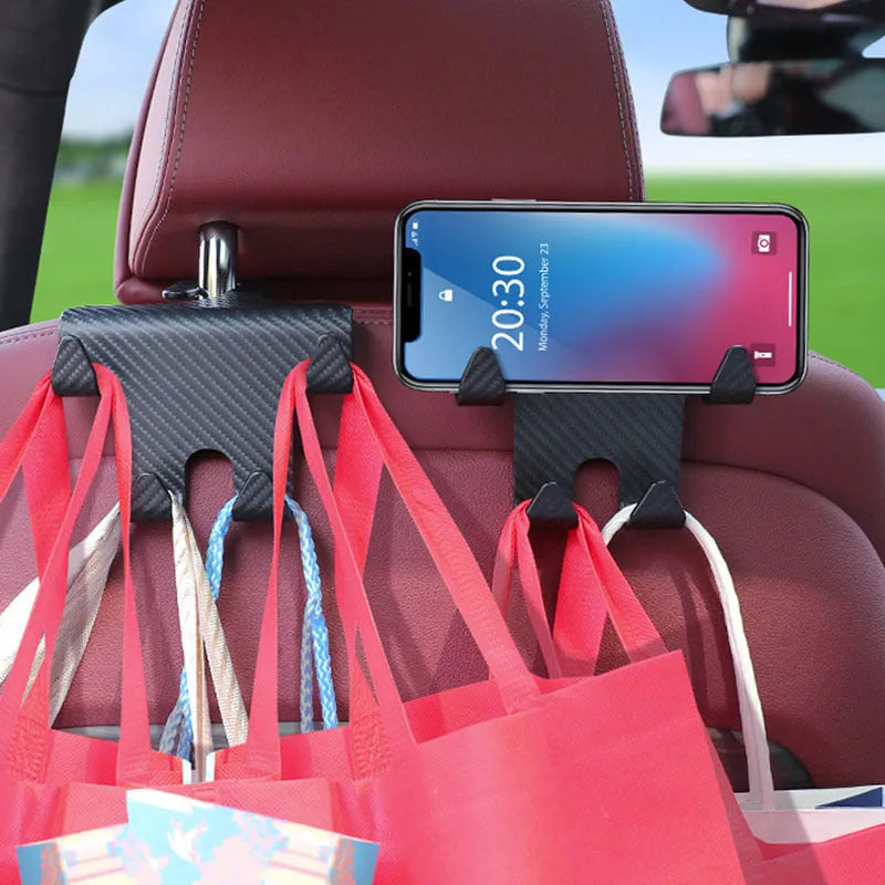 Black car multifunction hook bracket with integrated phone holder for rear seat storage organisation