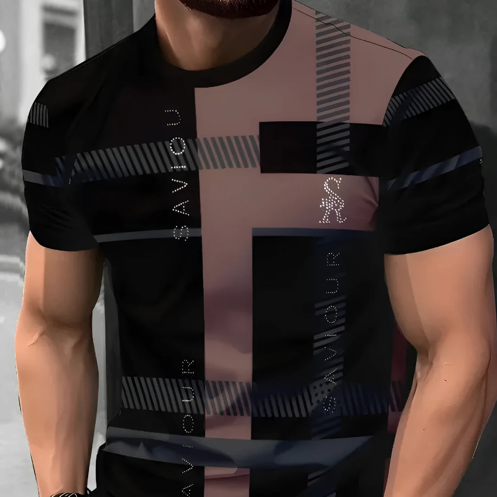 Men's striped short-sleeve T-shirt with digital 3D printing in loose business casual style