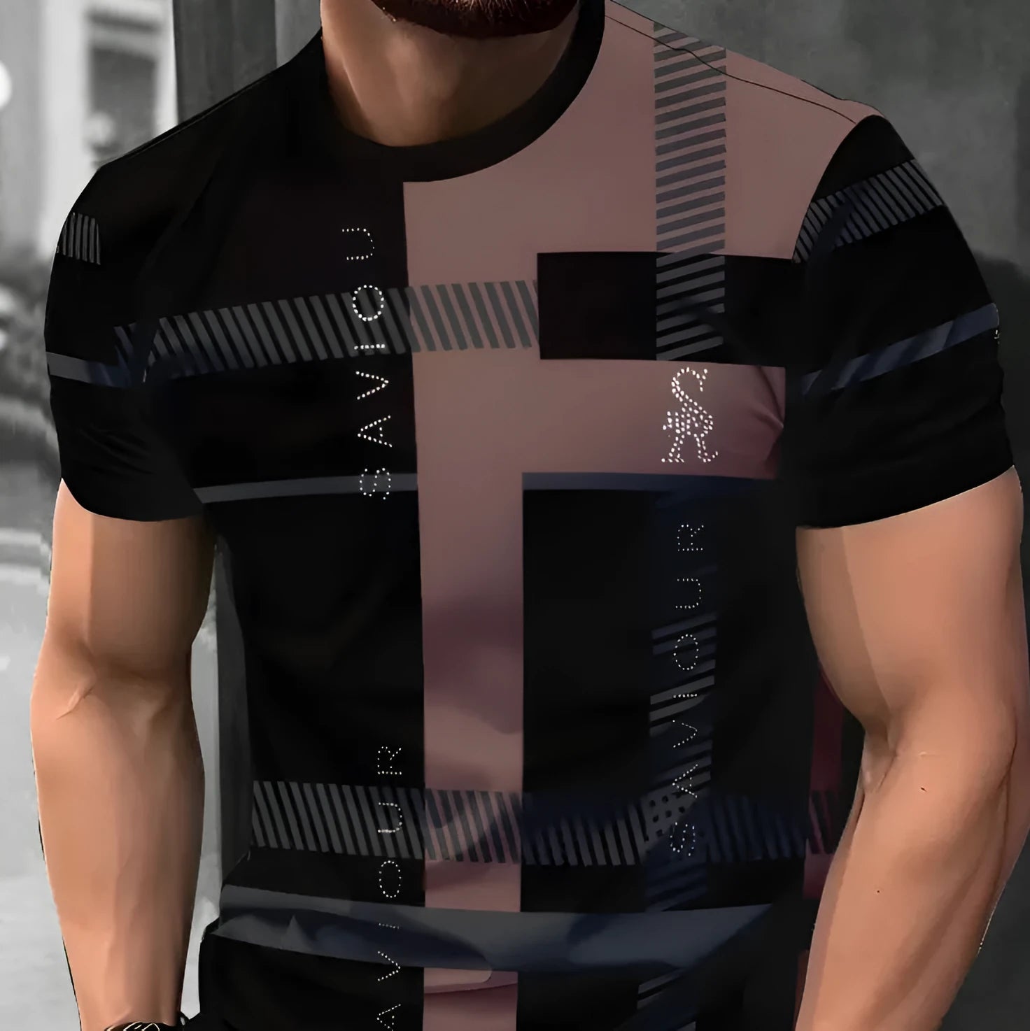Men's striped short-sleeve T-shirt with digital 3D printing in loose business casual style