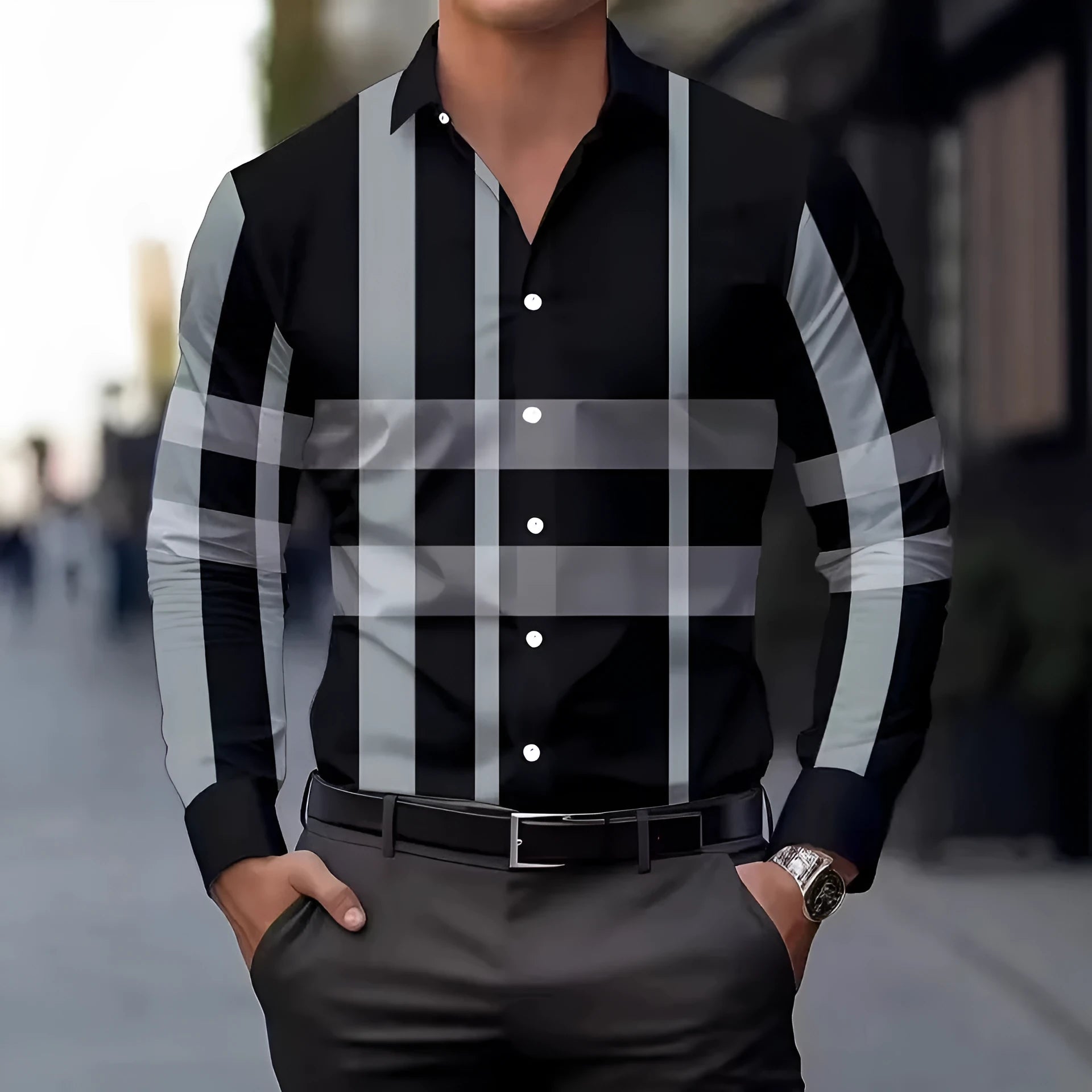 Men's striped long sleeve button-up shirt in polyester, shown in available colours.
