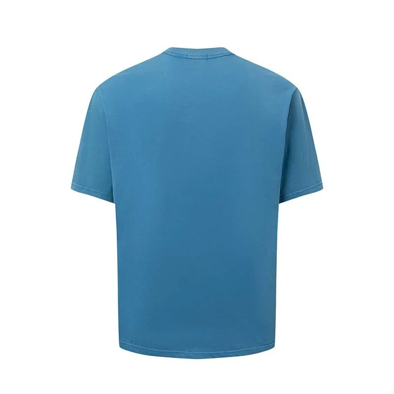 Men's blue loose fit t-shirt with American retro style letter printing on the front.