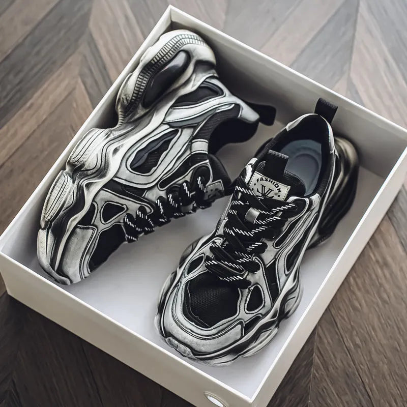Men's black mesh sneakers with platform sole, round toe and cross strap design