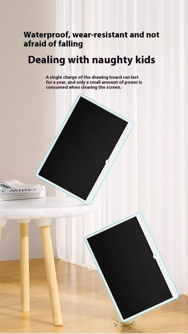 19-inch blue and white LCD children's drawing board showing a child's doodle on screen.