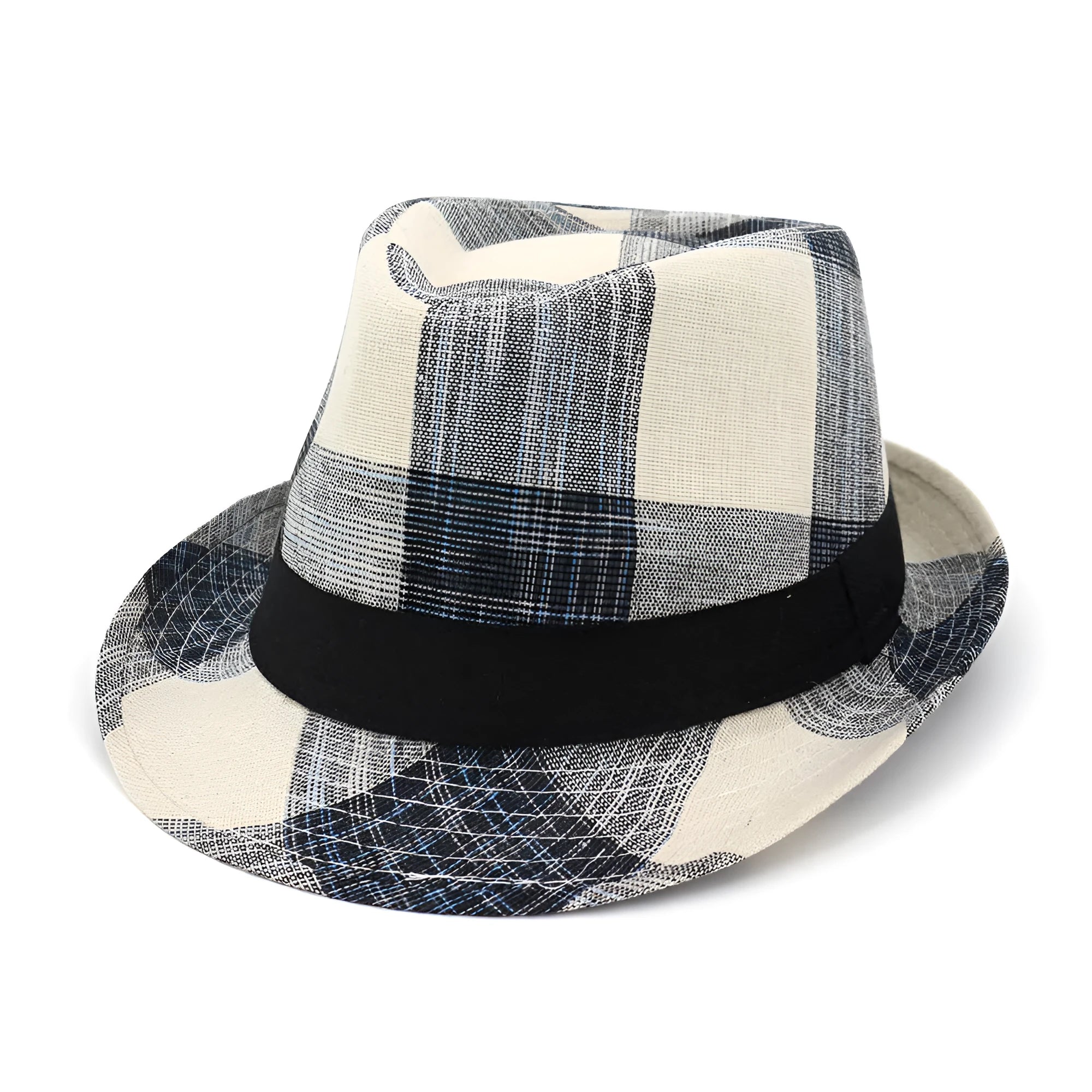 Casual blue polyester sun hat with a bell-shaped crown and medium brim for sun protection.
