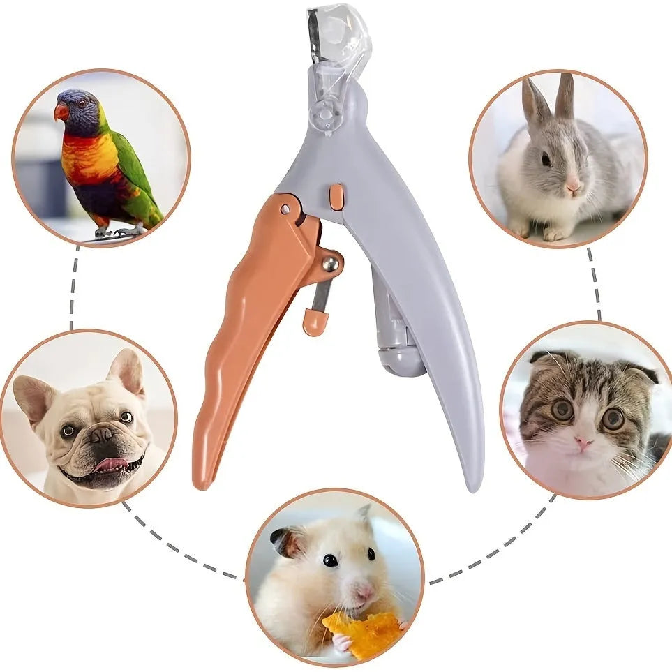 Yellow pet nail trimmer with LED lights, magnifying glass, and comfortable grip for cutting cat and dog claws.
