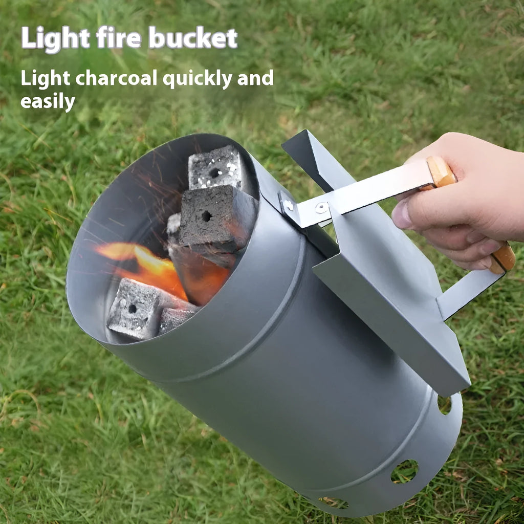 Zinc-iron alloy carbon barrel style barbecue charcoal basket with a separate oven igniter.