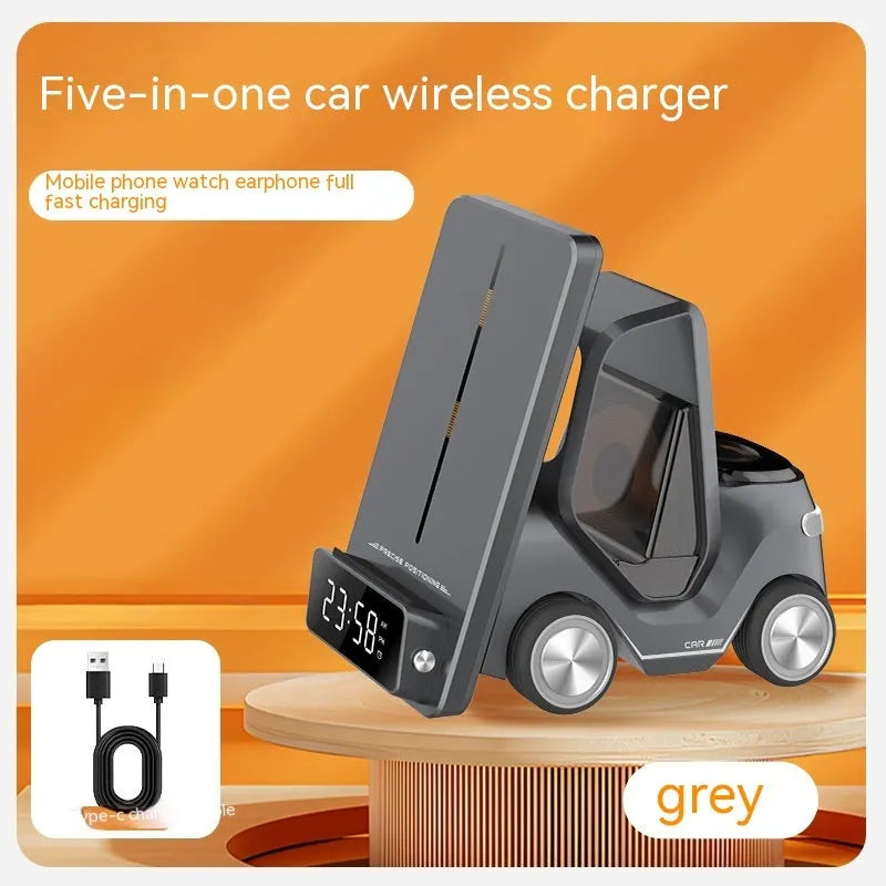 Grey 15W wireless charging bracket holding a mobile phone, a smartwatch, and wireless earbuds.