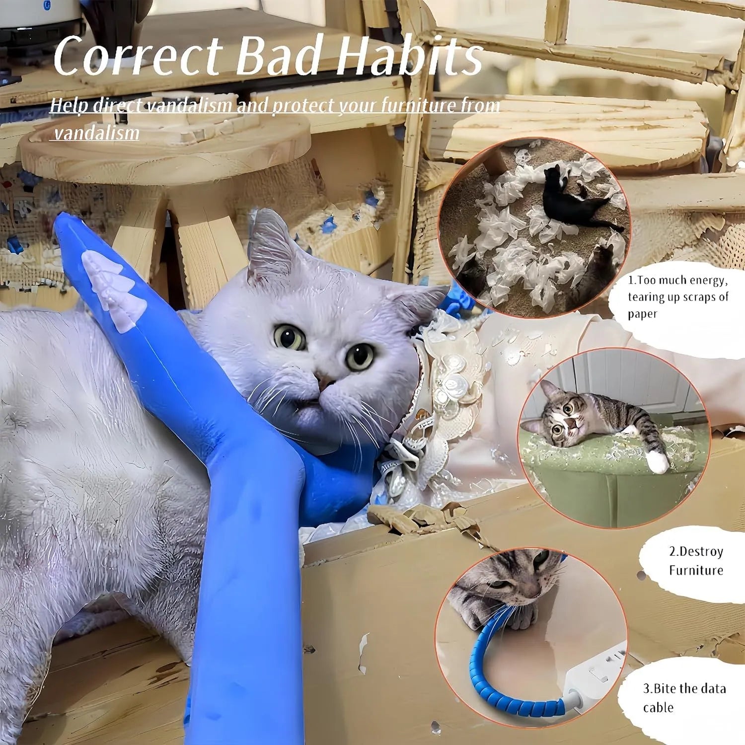 Blue plush cat wand toy with foam-filled head measuring 70cm length for interactive pet play