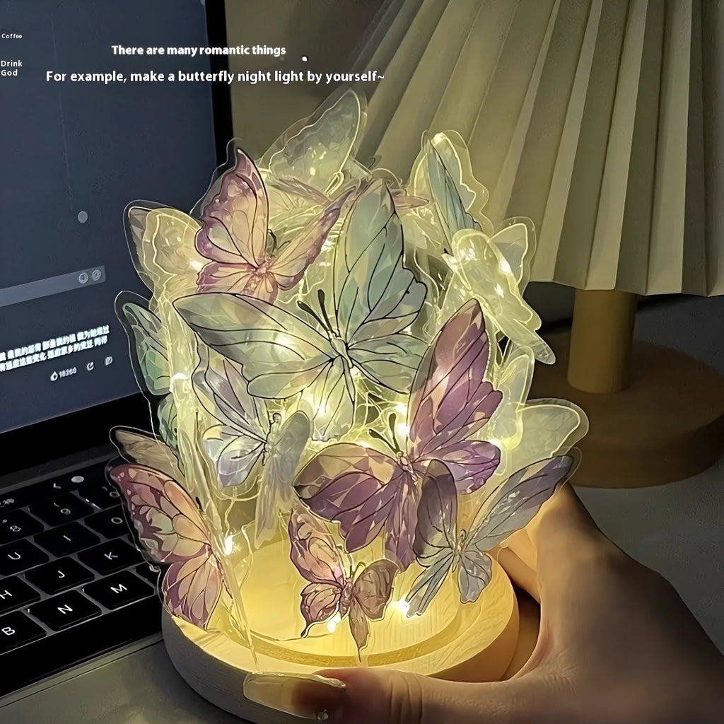 Handmade butterfly night lamp with glass shade on raw wood base measuring 12x15cm