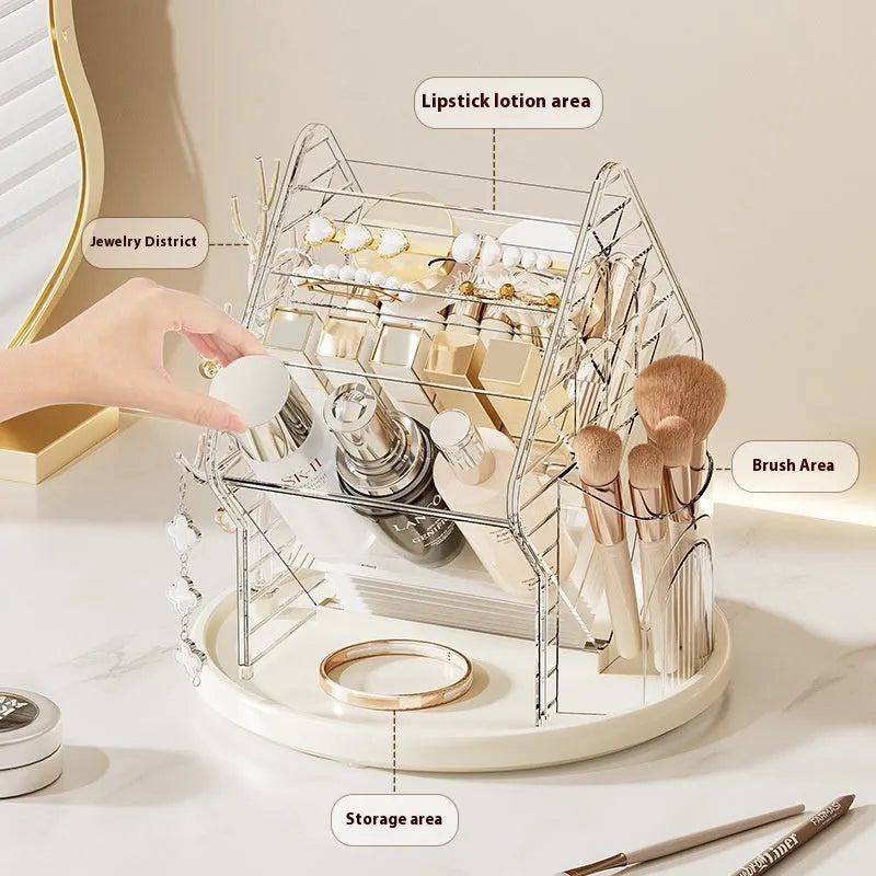 Rotating cosmetics storage box in amber gold colour showing 360-degree rotation mechanism