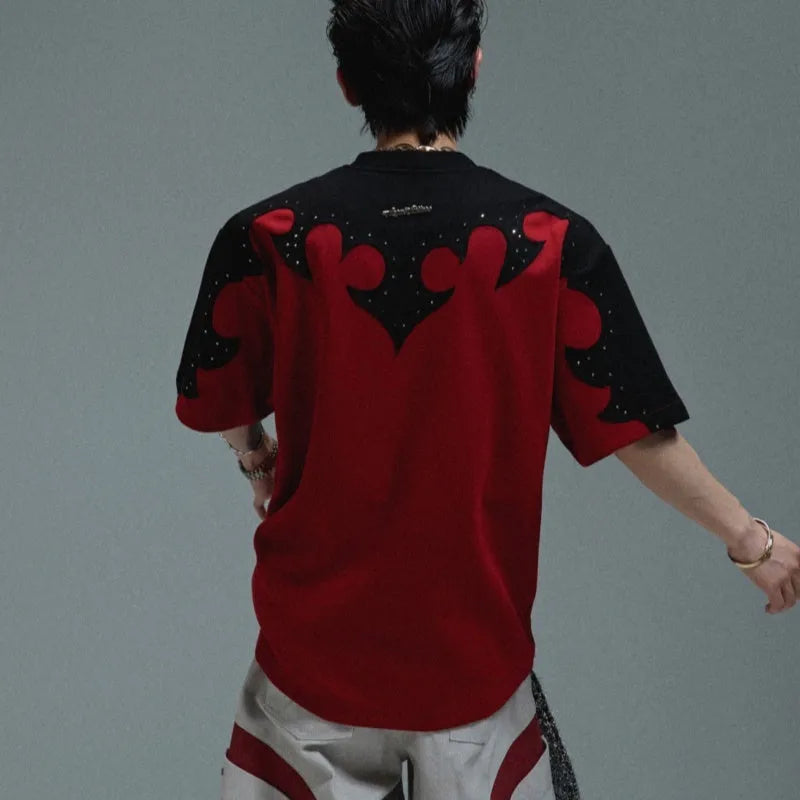 Men's cotton shirt with burnt flower stitching pattern and rhinestone accents on short sleeves