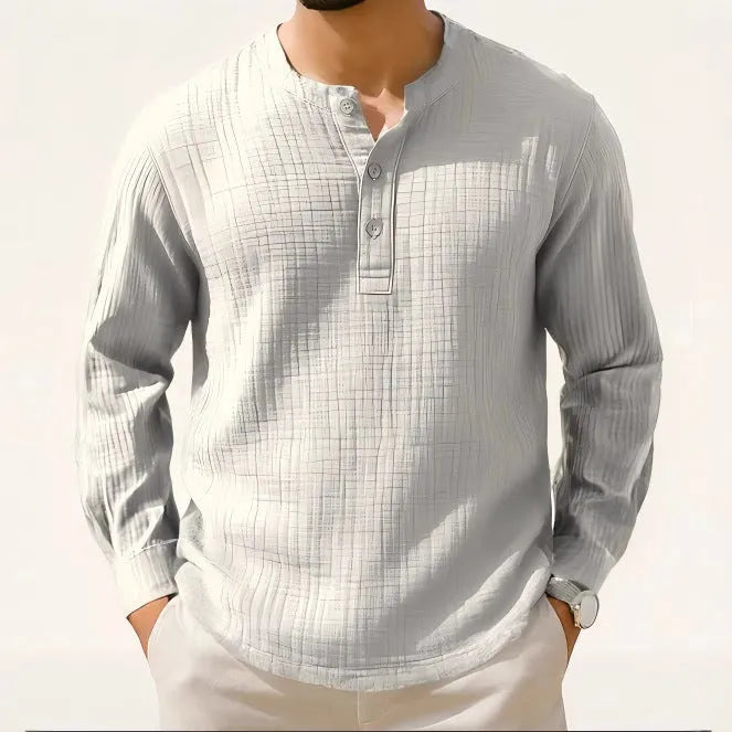 Cotton linen blend long sleeve shirt with 3/4 ruffle sleeves in slim fit pullover style