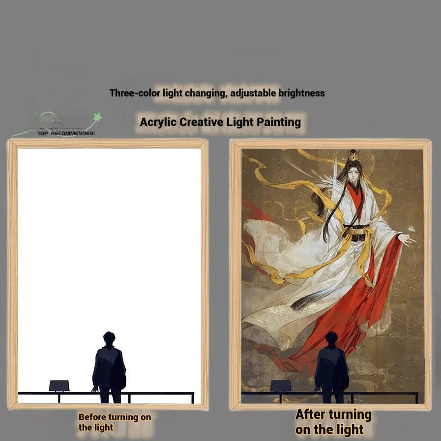 Wooden framed decorative painting of Huacheng and Xie Lian from Tian Guan Ci Fu with USB light option