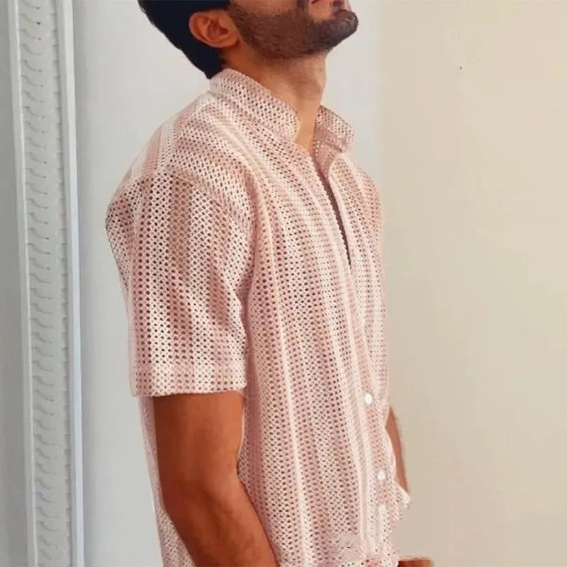 Men's pink waffle texture shirt cardigan with hole design and short sleeves