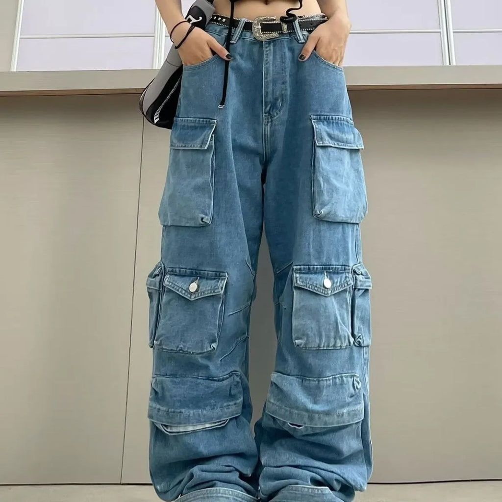 Women's high waist wide leg jeans with multiple pockets in street hipster style
