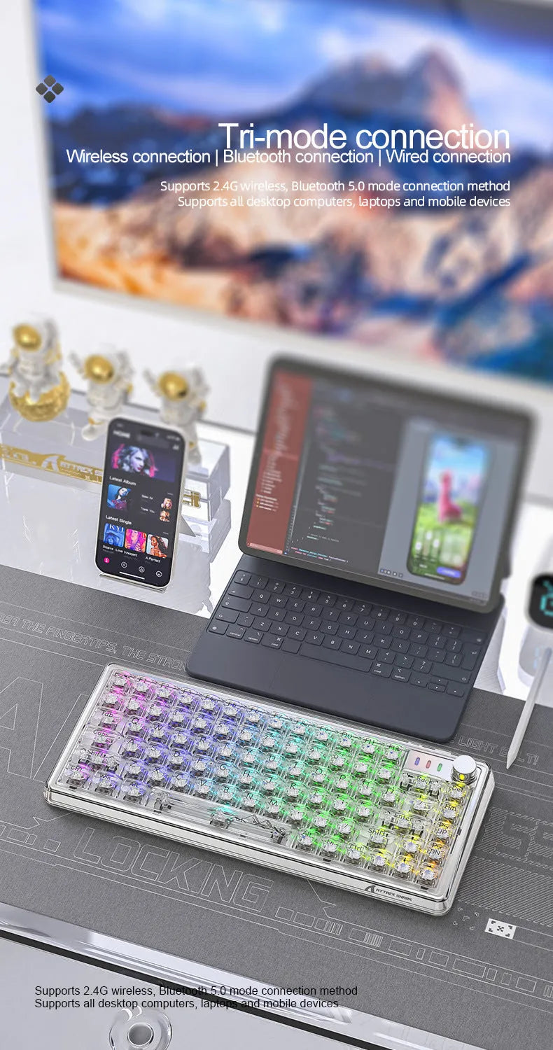 Attack Shark K75RGB wireless mechanical keyboard with transparent black case showing RGB backlighting and 75% layout