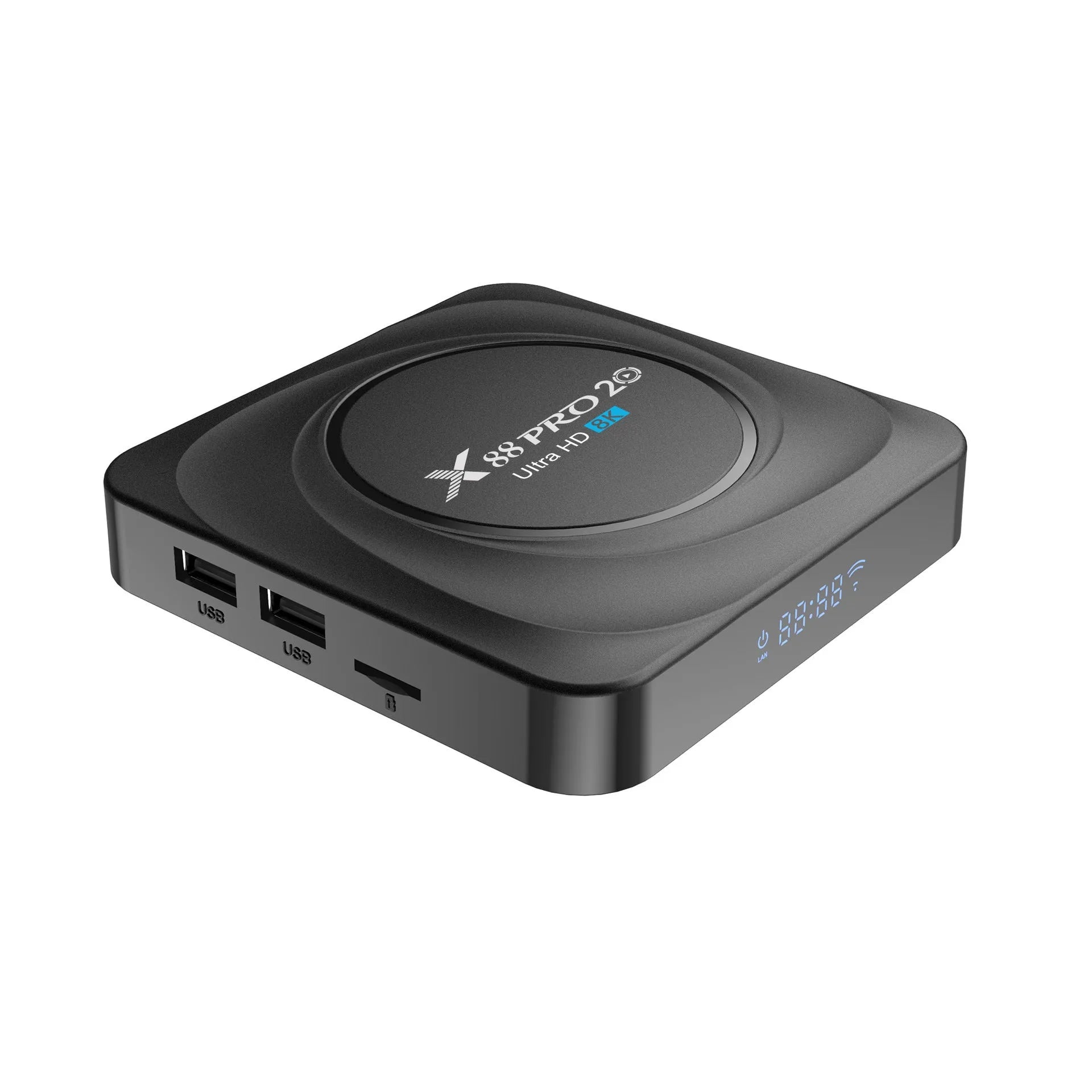 Compact black Android 11 TV box with remote control and HDMI cable on a table