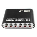 Black DTS Dolby Digital audio decoder with optical, coaxial, and stereo inputs and 5.1 channel analogue outputs