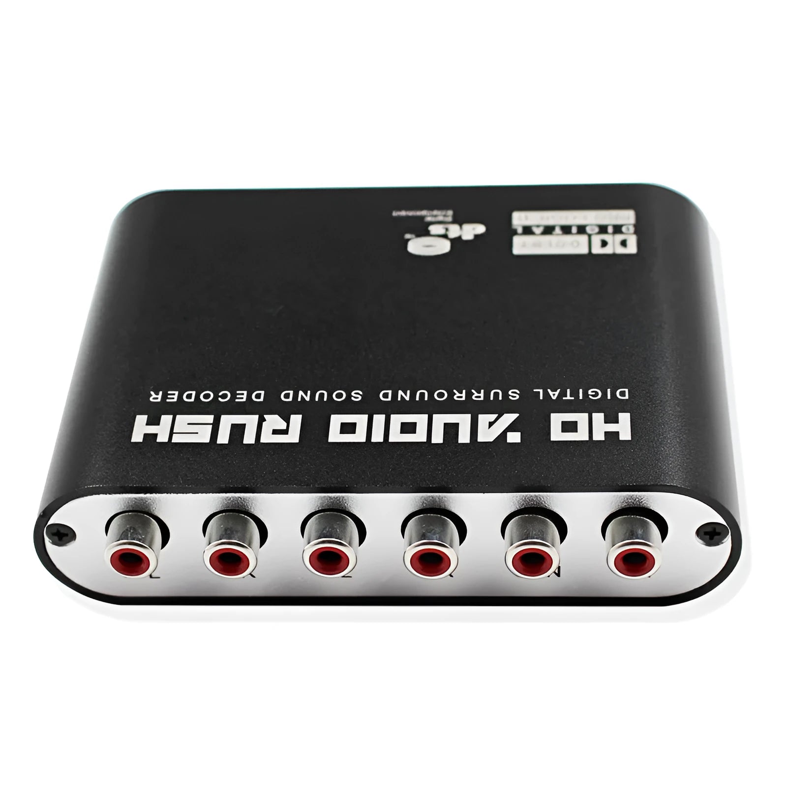 Black DTS Dolby Digital audio decoder with optical, coaxial, and stereo inputs and 5.1 channel analogue outputs