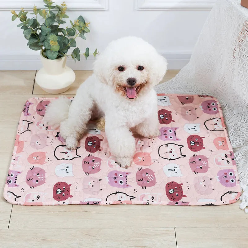 Reusable washable pet urine pad showing colour patterns and size options for dog and cat training