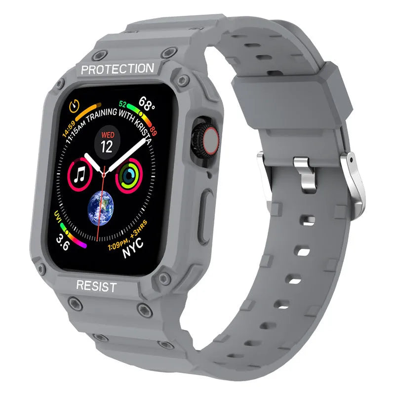 Soft TPU Apple Watch sport strap in multiple colours on a white background, showing 38mm and 42mm size options.