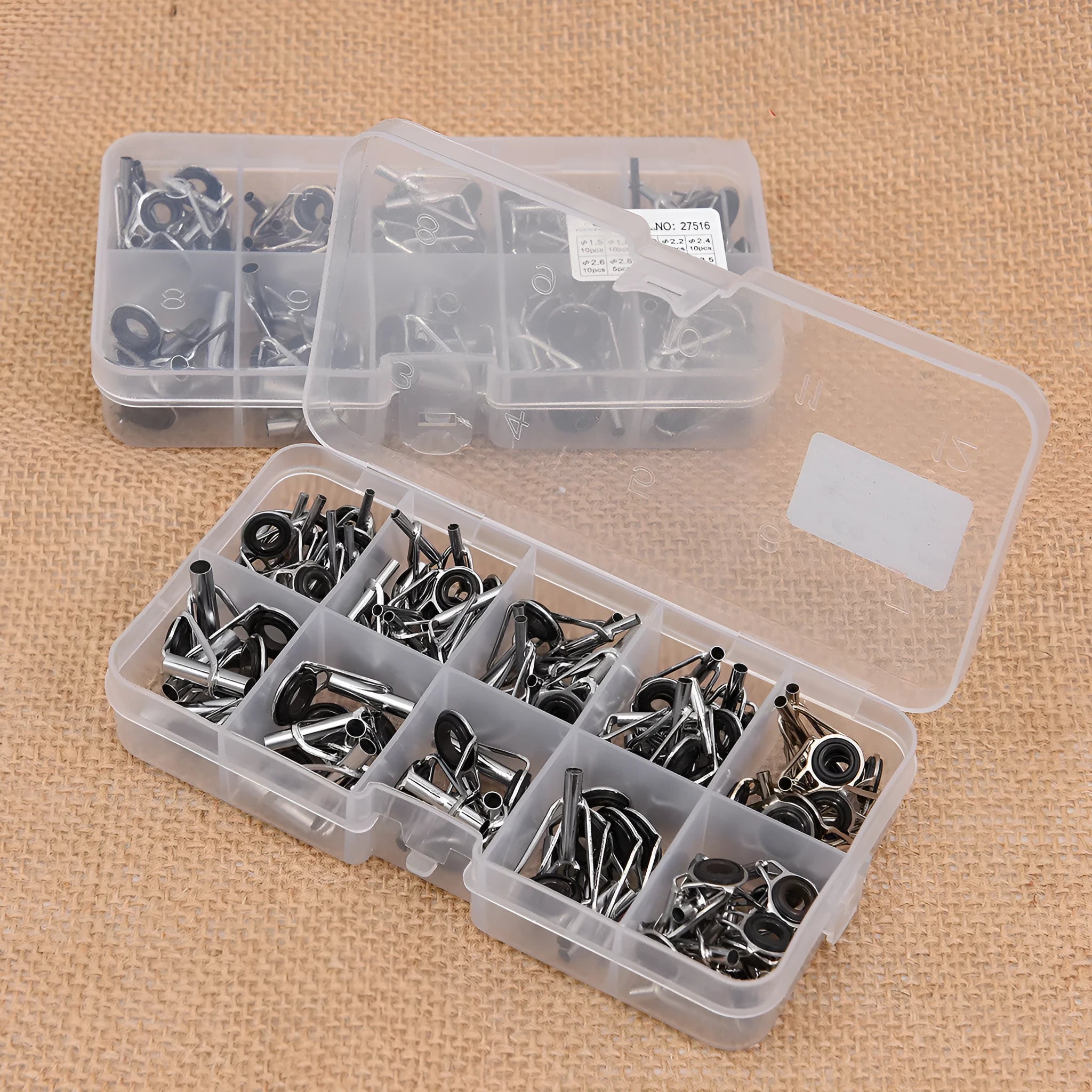 Boxed 80pcs alloy sea fishing rod guide ring set in plastic grid box